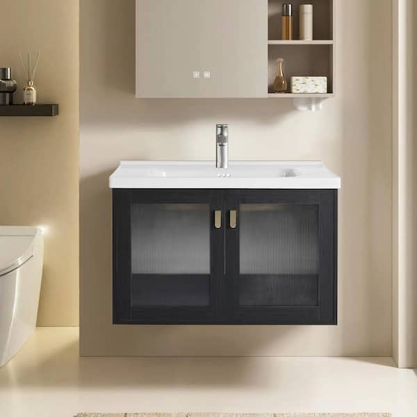31.90 in. W Floating Wall-Mounted Bath Vanity in Black Chestnut with White Ceramic Top