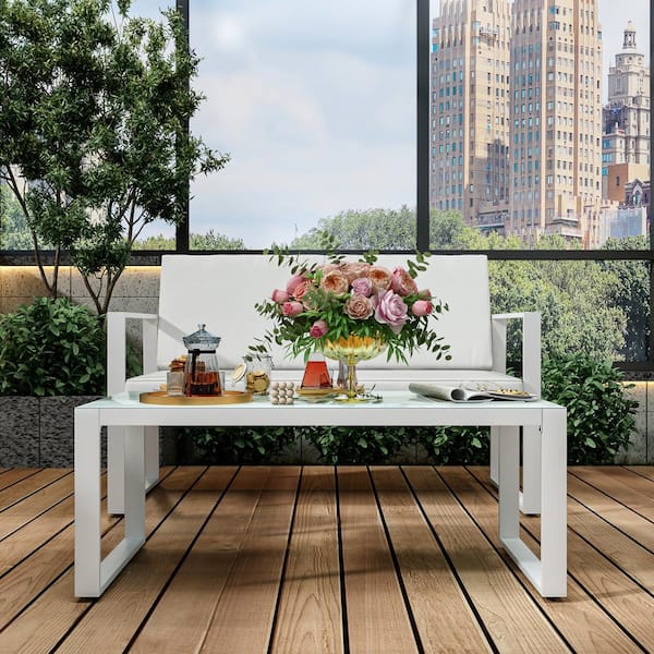 Kingdely White 2-Piece Metal Patio Conversation Deep Seating Set w/ CushionGuard and Tempered Glass Coffee Table, White Cushions