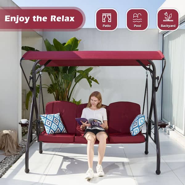 ZZW 3-Seat Metal Patio Swing with Adjustable Stand Canopy Wine Red