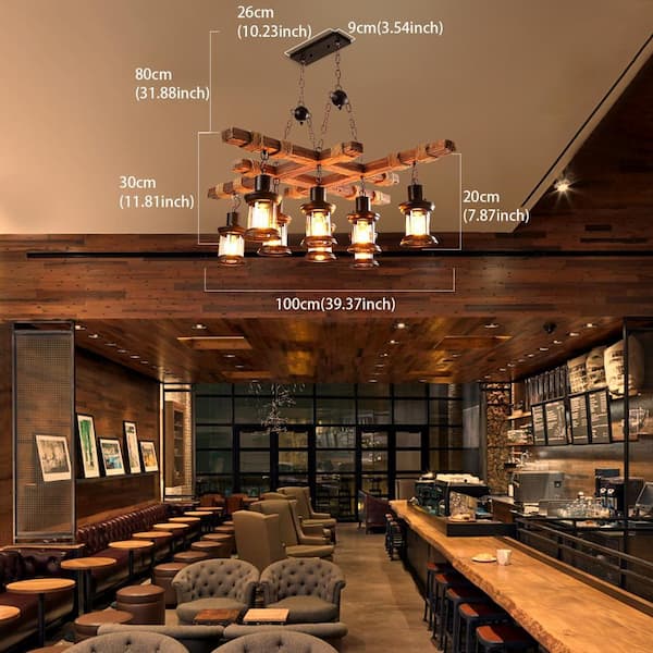OUKANING 39 in. 8-Light Vintage Industrial Brown Wooden Farmhouse