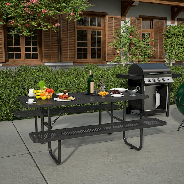 Thanaddo 72.2 in. Black Rectangle Outdoor Metal Picnic Table Seats