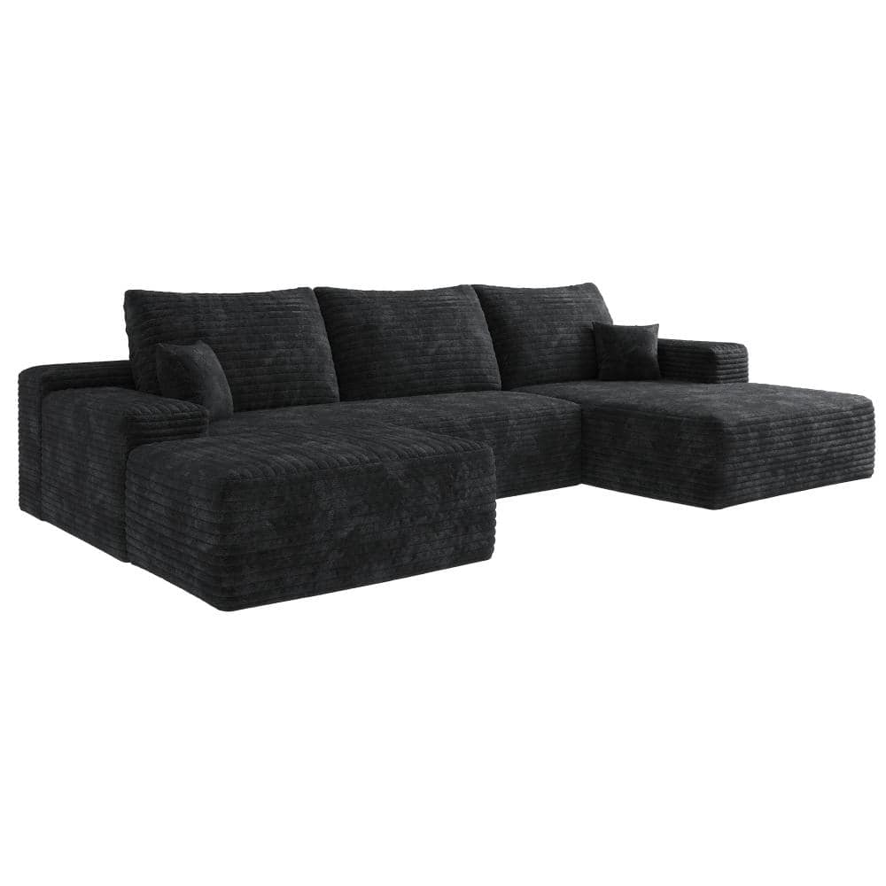 107 in. Armless 4-piece Corduroy U-Shaped Sectional Sofa with Ottoman in Black durable construction