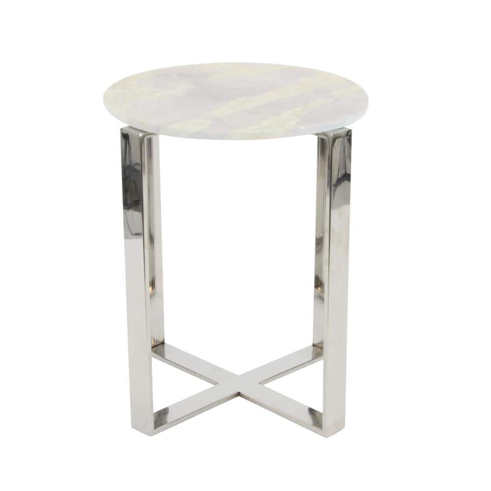 White Marble and Stainless Steel Round Accent Table