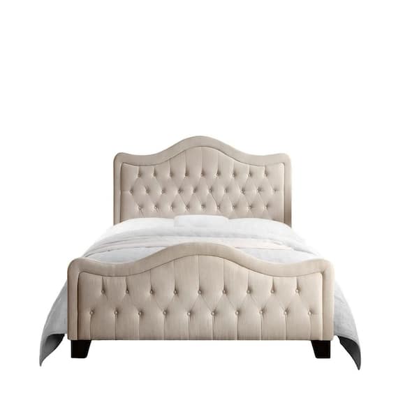 Beige Wood Frame Queen Upholstered Platform Bed with Curved Headboard and Footboard Button Tufted