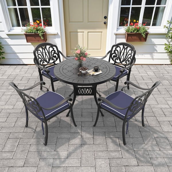 Isabella Black 5-Piece Cast Aluminum Outdoor Dining Set with Round Table and Dining Chairs and Random Color Seat Cushion