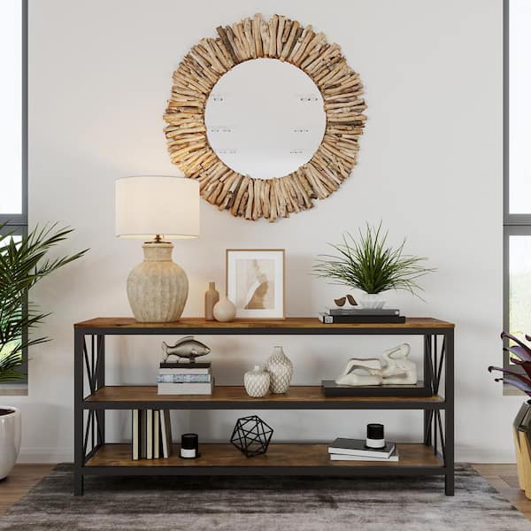 Lavish Home 15.75 in. Brown TV Stand Entertainment Center TV's up to 70 in. with 3-Tier-Open Back Console-Shelves and Metal Frame