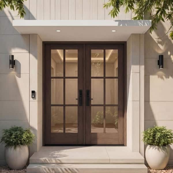 G106 32 x 80 Right Inswing Mahogany Wood 6-Lite Clear Glass Double Front Door w/Ready to Assemble Jamb Kit