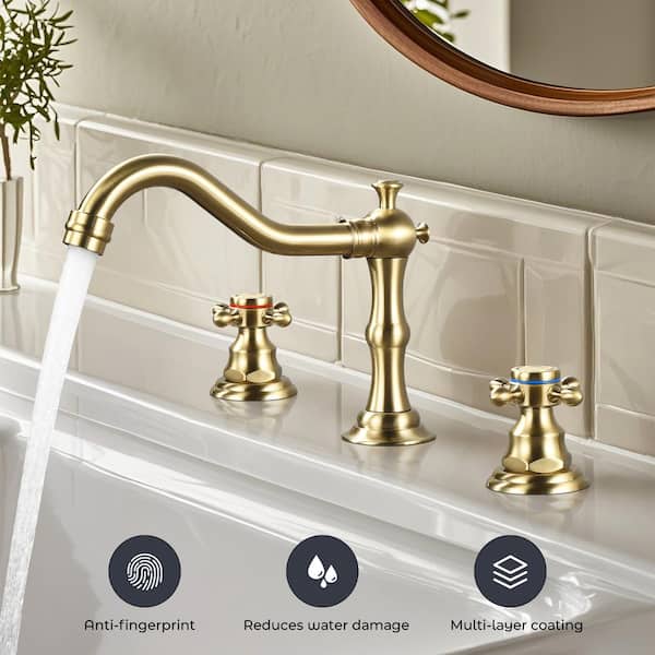 Double Handles 8 in. Widespread Bathroom Faucet 3-Hole Waterfall Bathroom Sink Faucet in Brushed Gold