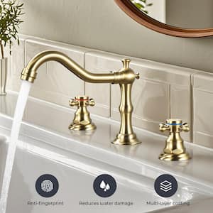 Double Handles 8 in. Widespread Bathroom Faucet 3-Hole Waterfall Bathroom Sink Faucet with Pop-Up Drain in Brushed Gold