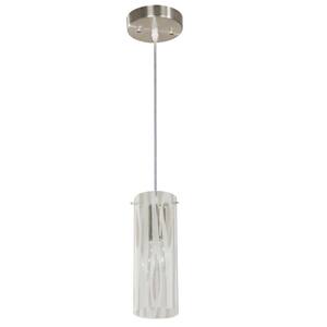 1-Light Satin Nickel Mini Pendant with Grain Pattern Etched White Glass