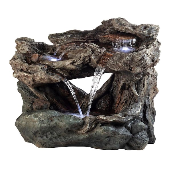 Alpine Corporation 30 in. Tall Outdoor 3-Tier Rainforest Cascading Waterfall Fountain with LED Lights