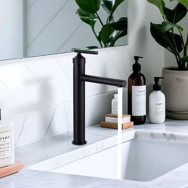 13.3 in. H Single Handle Single Hole Stainless Steel Bathroom Faucet with Pop Up Drain and Supply Lines in Matte Black