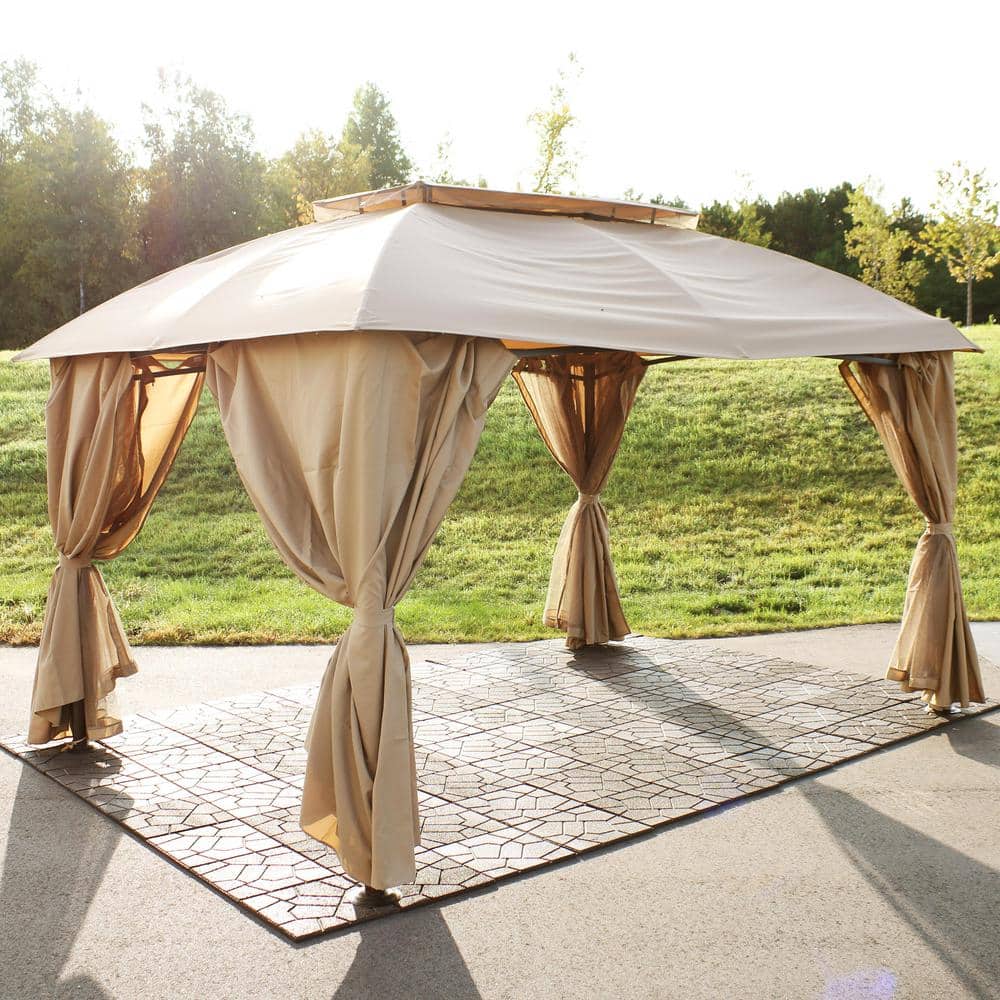 Tan Soft-Top Patio Gazebo with Screens and Privacy Walls