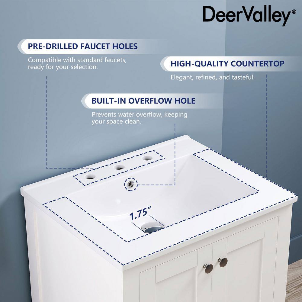 24" White Freestanding Bathroom Vanity with Ceramic Top and Woven Basket