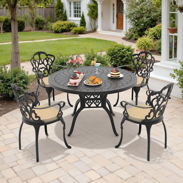 Black 5-Piece Cast Aluminum Outdoor Dining Set, 47.24 in. Round Dining Table and 4 Patio Chairs with Off-White Cushions