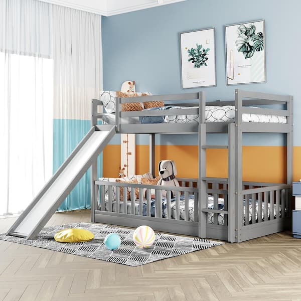 Twin Over Twin Bunk Bed for Kids, Wooden Bunk Bed with Slide and Ladder, Solid Wood Low Bunk Beds Frame，Gray