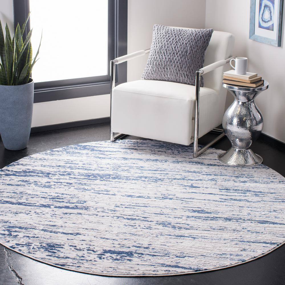 Amelia 8' Round Grey and Navy Abstract Synthetic Rug