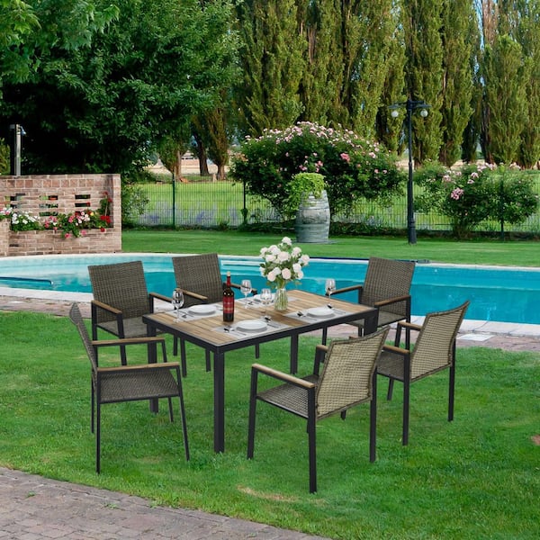 7-Piece Wicker Outdoor Dining Deep Seating Set with CushionGuard Basalt Gray Cushions and Teak-Finish Table​