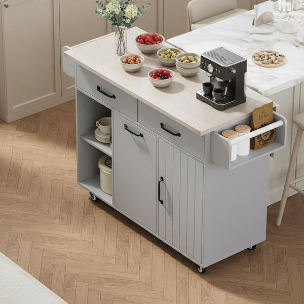 Runesay Farmhouse Gray Wood Particle Board 51.06 in. Drop Leaf Kitchen Island with Trash Can Storage Cabinet and Spice Rack