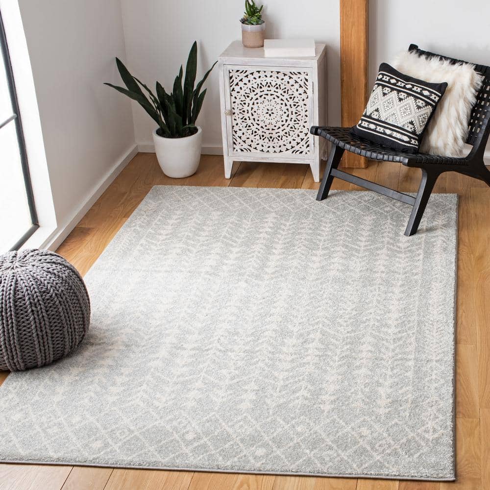 Ivory and Light Grey Wool Synthetic 9' x 12' Rectangular Area Rug