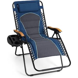 Oversized Blue Metal Reclining Lawn Chair Wide Seat Anti Gravity Lounge Chair Outdoor Camp Chair for Poolside Backyard