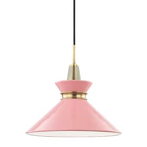 Kiki 1-Light 14 in. W Aged Brass Pendant with Pink Shade