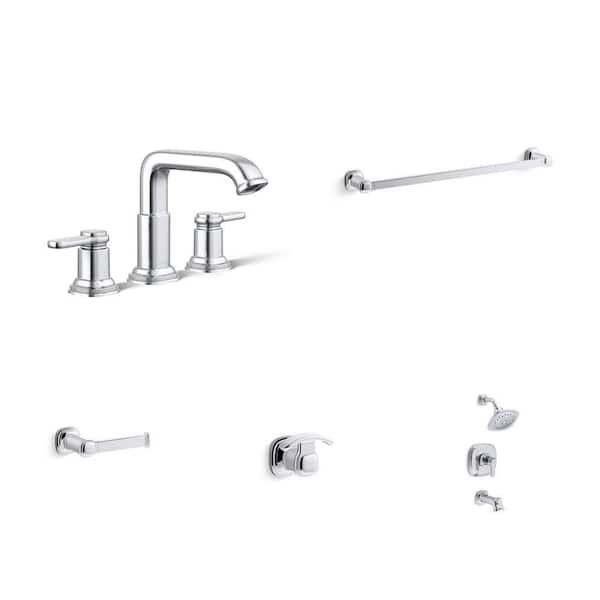 Numista Chrome Bathroom Set: 8 in. Faucet, 24 in. Towel Bar, Toilet Paper Holder, Robe Hook, Shower Faucet