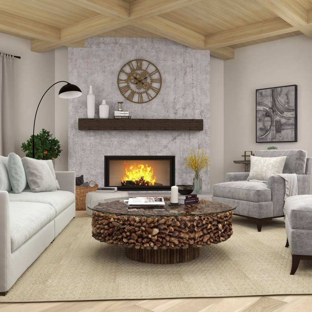 Handcrafted Driftwood Round Coffee Table with Glass Top, 48" Brown