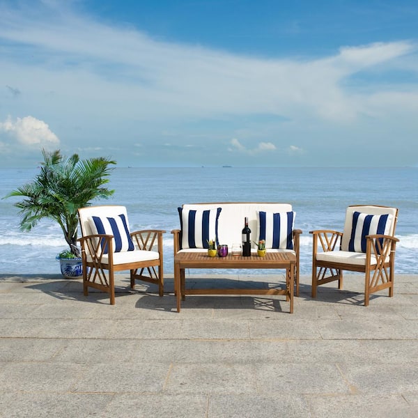 Fontana Natural 4-Piece Wood Patio Conversation Set with Beige Cushions