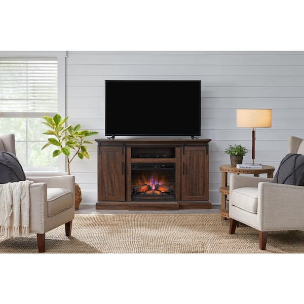 Home Decorators Collection Kerrington 60 in Freestanding Wooden Media Console Electric Fireplace in Rustic Walnut