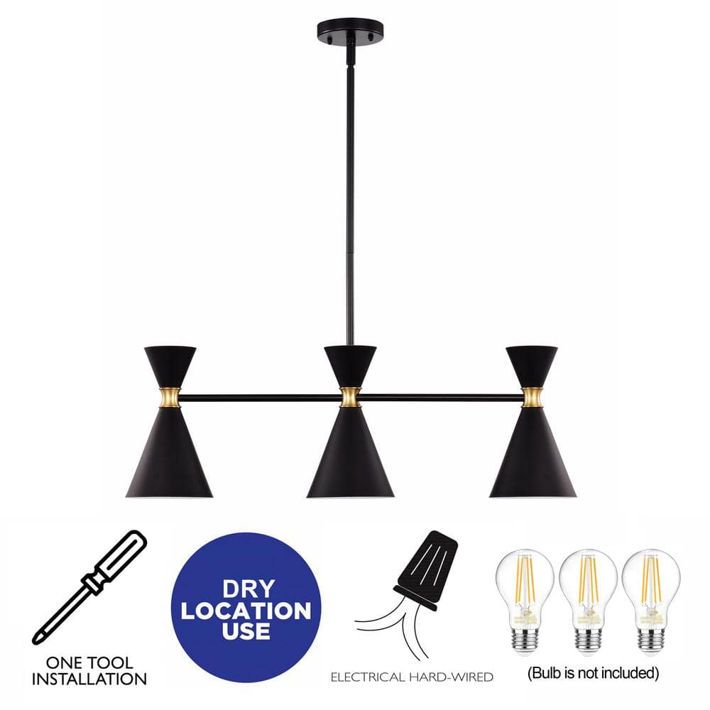 Modern Hourglass 3-Light Island Pendant in Black with Brass Accents