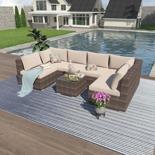 Unbranded 7-Piece All-Weather Brown Rattan Wicker Outdoor Patio Sectional Sofa Set with Beige Cushions and 2 Pillows