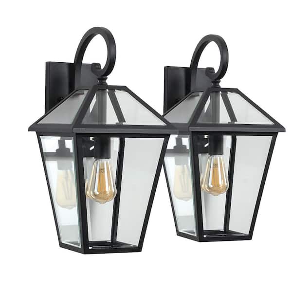 2-Pack Black Outdoor Wall Lanterns, Weatherproof Wall Sconce with Clear Glass Panels, Vintage Exterior Light, No Bulb