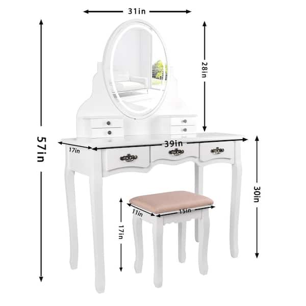 Veikous White Wooden Bedroom Vanity Sets Makeup Table Set With Oval Lights Mirror And Stool Szt005 The Home Depot Veikous White Wooden Bedroom Vanity, Home Depot Makeup Vanity Mirror With Lights