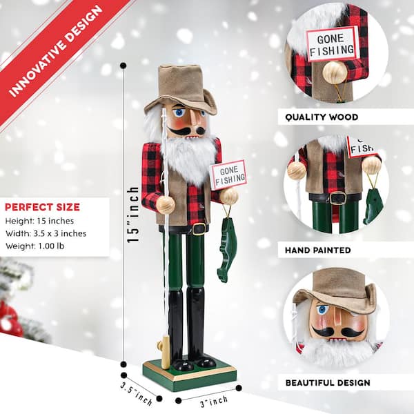 Ornativity Christmas Fisher Man Nutcracker Red and Green Wooden Fisherman Nutcracker Man with Fishing Rod and Fish in Hand Xmas Themed Holiday Nut