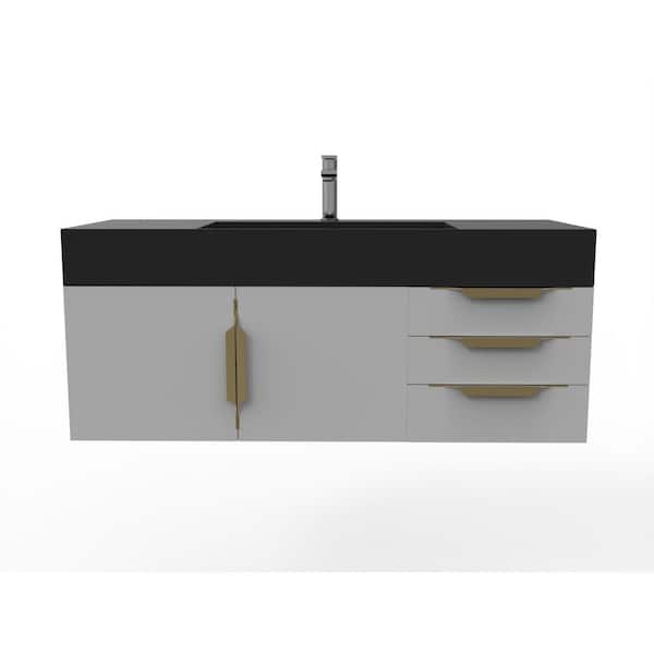 castellousa Maranon 48 in. W x 19 in. D x 19.25 in. H Bath Vanity in Matte Gray with Gold Trim and Black Solid Surface Top
