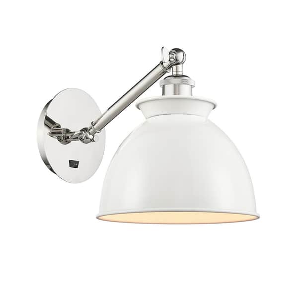 Adirondack 1-Light Polished Nickel, Glossy White Wall Sconce with White Metal Shade