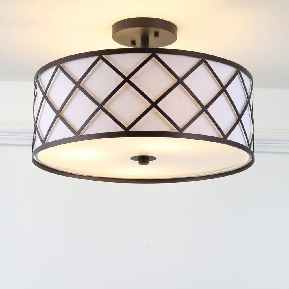 Transitional Elegance 16.75" Drum Flush Mount in Oil Rubbed Bronze with White Linen Shade