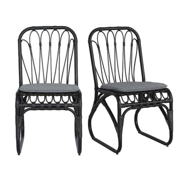 Black Wicker Outdoor Dining Chair, Patio Chairs with Gray Cushion (2 Pack)
