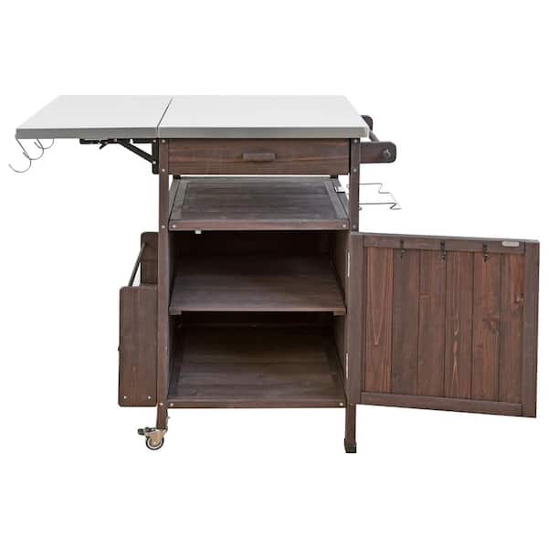 Outdoor Grill Cart with Stainless Steel Top, Wood Outdoor Storage Cabinet with Drop Leaf and Lockable Wheels, Brown