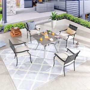 5-Piece Metal Square Outdoor Dining Set with White Cushions