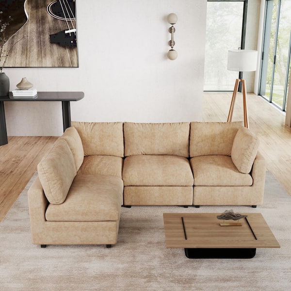 134 in. Square Arm Chenille Fabric 4-Piece Modular Free Combination Sectional Sofa in. Khaki