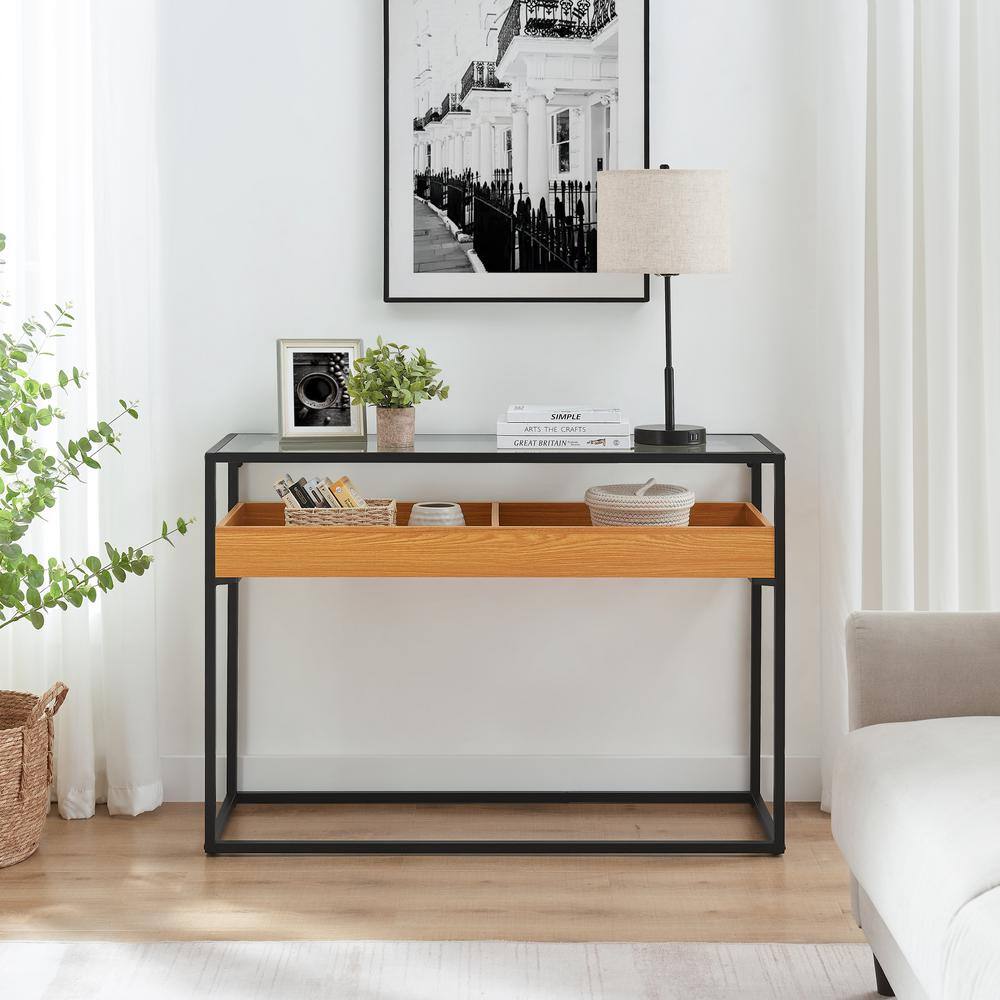 Golden Oak and Black Metal Console Table with Glass Top and Storage Shelf