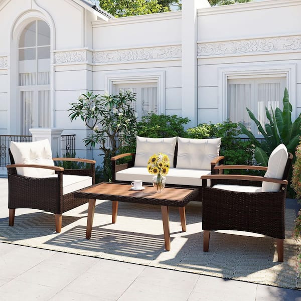 Harper & Bright Designs Brown 4-Piece Wood and Wicker Patio Conversation Set with Beige Cushions and Table Cover