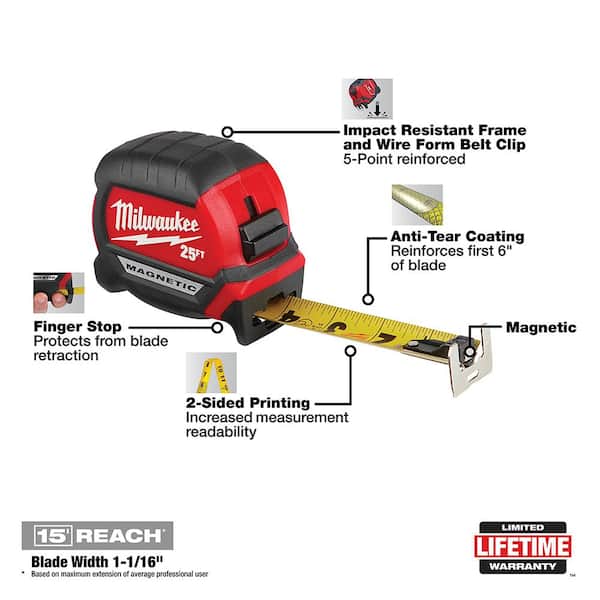 Milwaukee 25 ft. Electrician's Compact Wide Blade Magnetic Tape Measure  48-22-0327 - The Home Depot