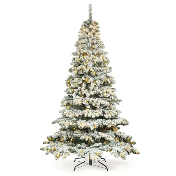 7.5 ft. Pre-Lit LED Flocked Spruce Artificial Christmas Tree with 600-Lights with Green Metal Stand