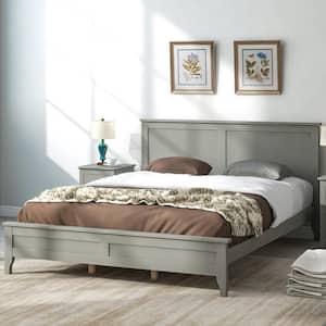Modern Style 60 in.W Gray Solid Wood Queen Size Platform Bed, Wood Bed Frame With Headboard, No Box Spring Needed