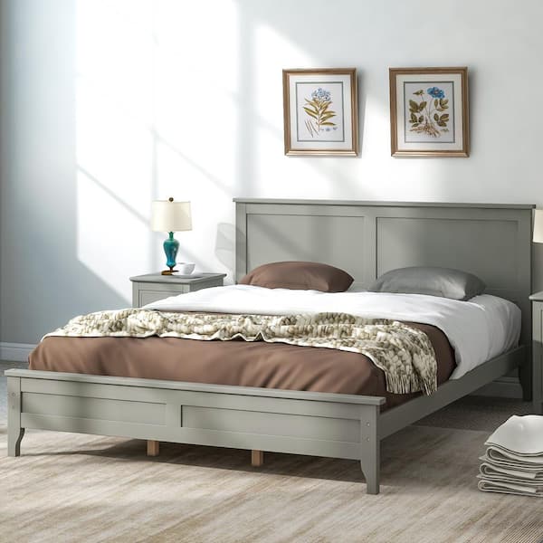 URTR Modern Style 60 in.W Gray Solid Wood Queen Size Platform Bed, Wood Bed Frame With Headboard, No Box Spring Needed