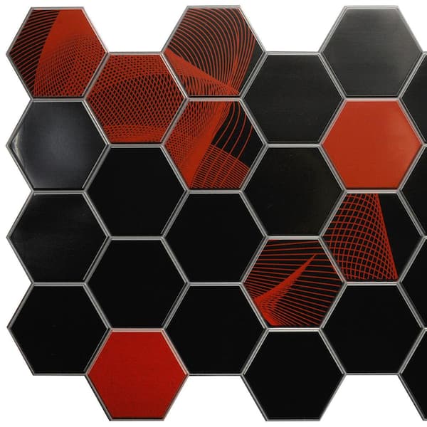 Dundee Deco 3D Falkirk Retro 1/100 in. x 38 in. x 19 in. Black Red Brown Faux Hexagon Mosaic PVC Decorative Wall Paneling (5-Pack)