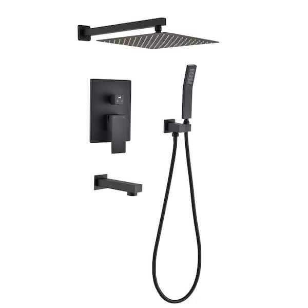 PERLIRIA INC Single Handle 3-Spray Tub and Shower Faucet 12 in. Shower Head with 2.5 GPM in. Matte Black Valve Included